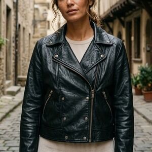 Free People Faux Leather Moto Jacket Women Size M Black Double Breasted Biker